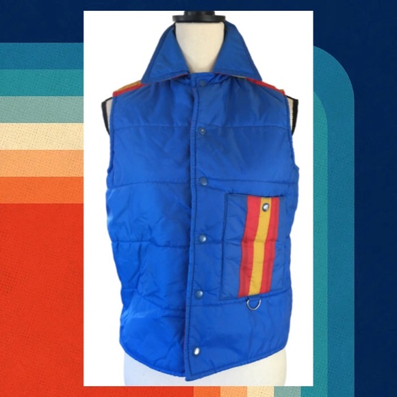 Vintage 70s 80s Just Boys Blue Yellow Red Winter Puffer Vest Stripes 16 - Picture 1 of 9